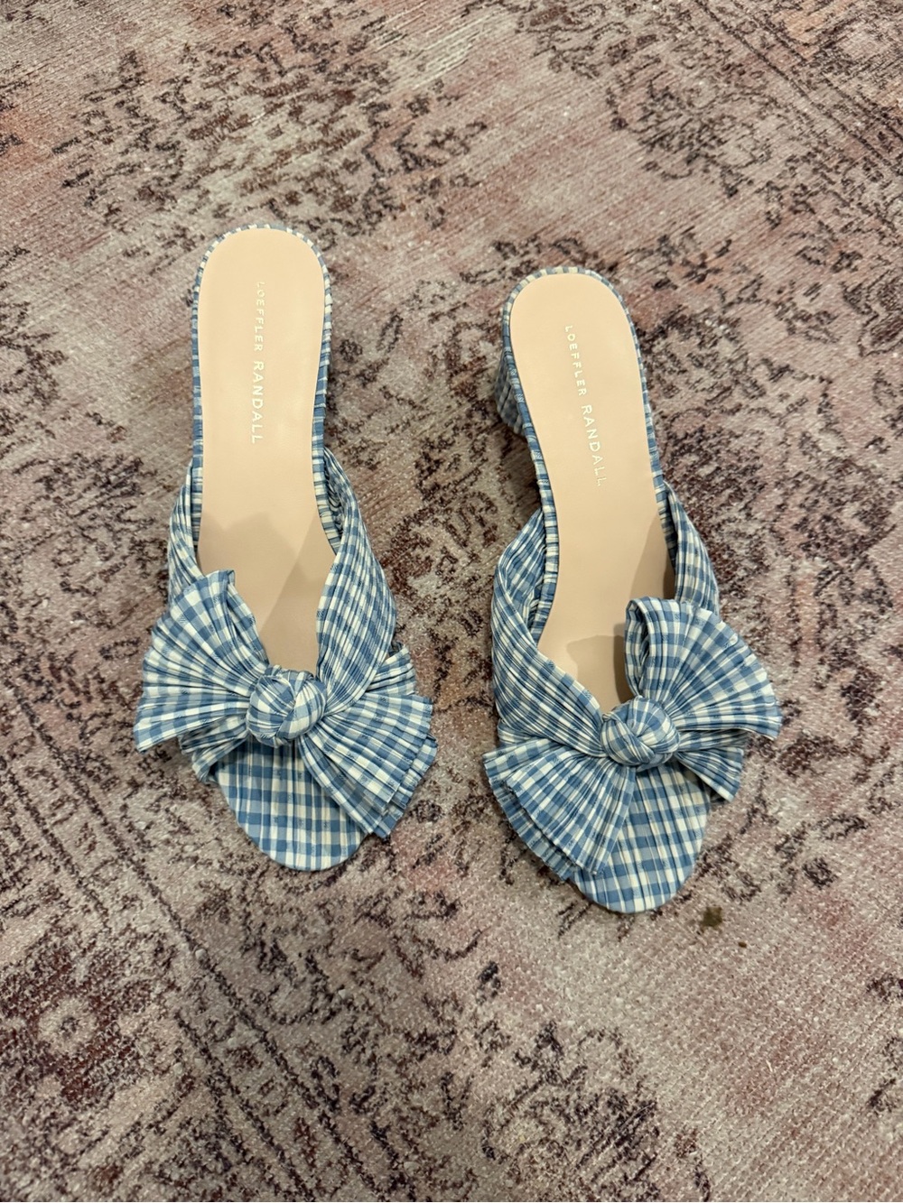 Loeffler Randall Blue Gingham Bow Slide Mules